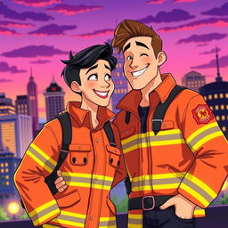 An animated scene showcasing a gay firefighter couple, one with short black hair and the other sporting longer wavy brown hair, both dressed in bright, traditional firefighter gear