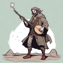 This is a high-quality comic-style illustration of a scruffy, homeless bard from a fantasy world reminiscent of DnD