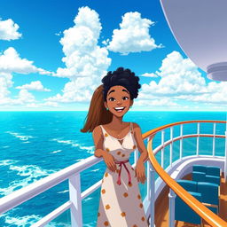 An animated scene depicting a joyful interracial couple, one partner with light skin and straight brown hair, and the other with darker skin and curly black hair, enjoying a sunny day together on the deck of a cruise ship