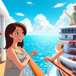 An animated scene depicting a joyful interracial couple, one partner with light skin and straight brown hair, and the other with darker skin and curly black hair, enjoying a sunny day together on the deck of a cruise ship