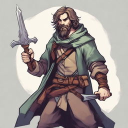 This is a high-quality comic-style illustration of a scruffy, homeless bard from a fantasy world reminiscent of DnD