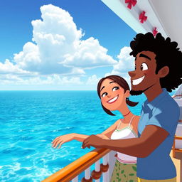 An animated scene depicting a joyful interracial couple, one partner with light skin and straight brown hair, and the other with darker skin and curly black hair, enjoying a sunny day together on the deck of a cruise ship