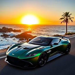 A stunning Aston Martin Vulcan sports car parked on a scenic coastal road, with the sun setting in the background casting a warm golden light