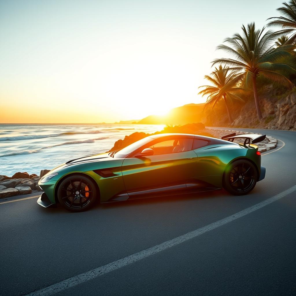 A stunning Aston Martin Vulcan sports car parked on a scenic coastal road, with the sun setting in the background casting a warm golden light