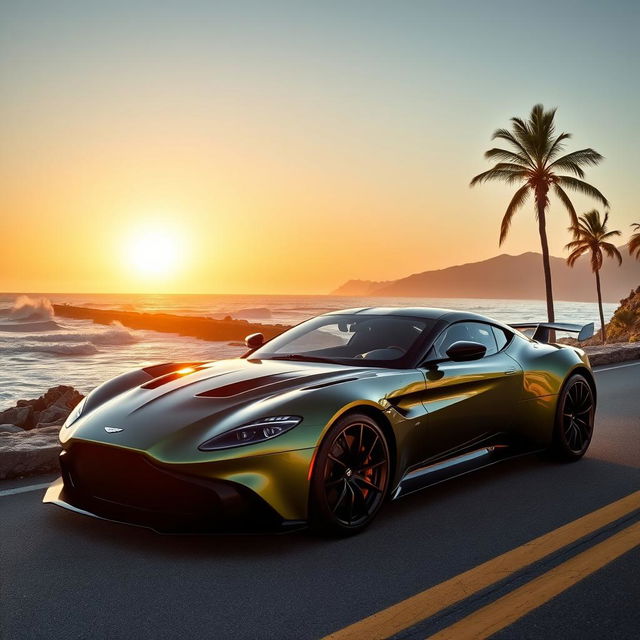 A stunning Aston Martin Vulcan sports car parked on a scenic coastal road, with the sun setting in the background casting a warm golden light