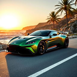 A stunning Aston Martin Vulcan sports car parked on a scenic coastal road, with the sun setting in the background casting a warm golden light