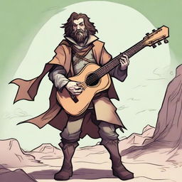 This is a high-quality comic-style illustration of a scruffy, homeless bard from a fantasy world reminiscent of DnD