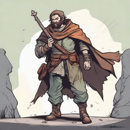 This is a high-quality comic-style illustration of a scruffy, homeless bard from a fantasy world reminiscent of DnD