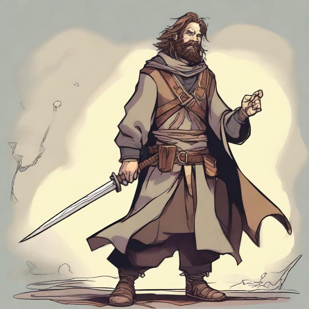 This is a high-quality comic-style illustration of a scruffy, homeless bard from a fantasy world reminiscent of DnD