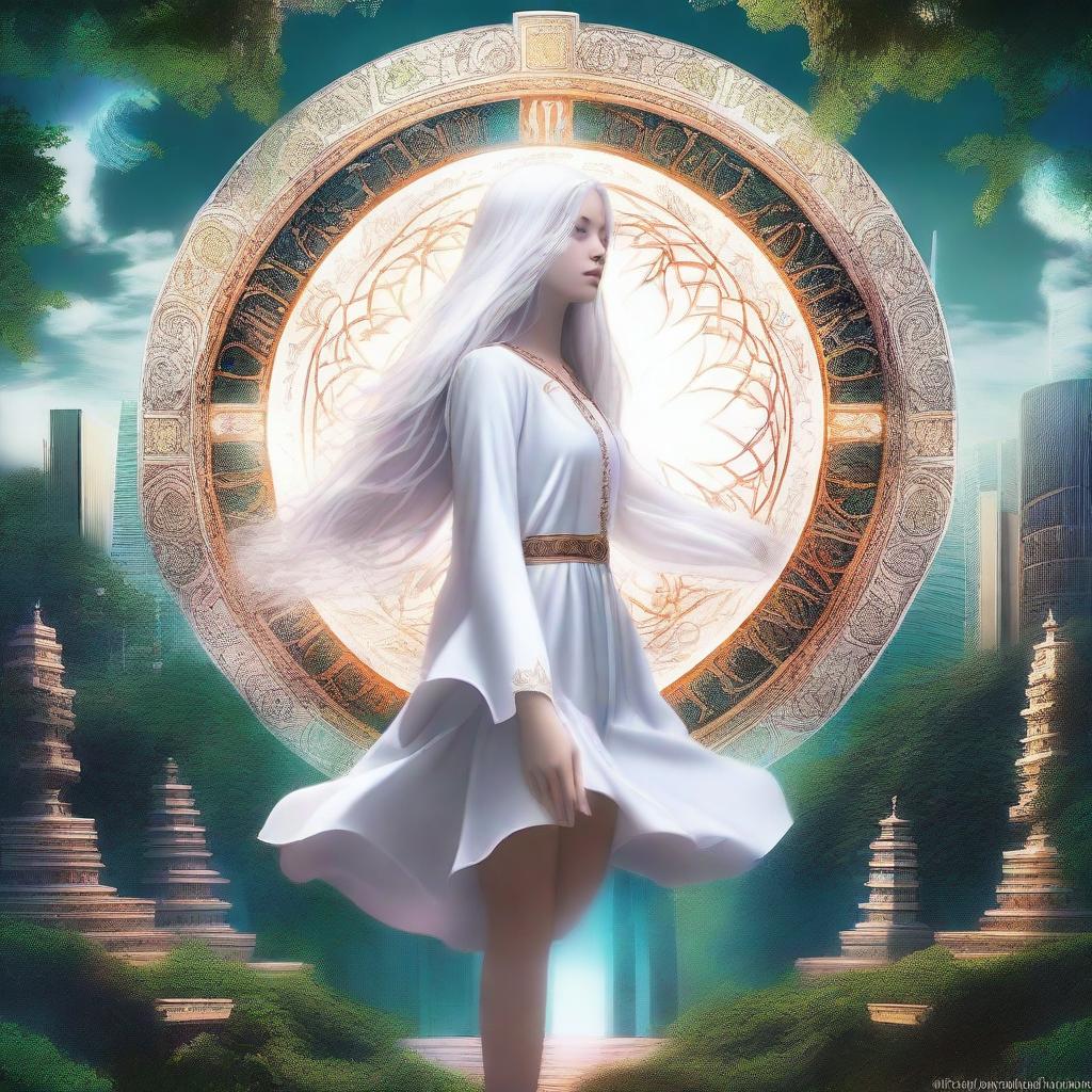 A high-quality digital art piece featuring a white, long-haired girl levitating amidst the symbol of six elements