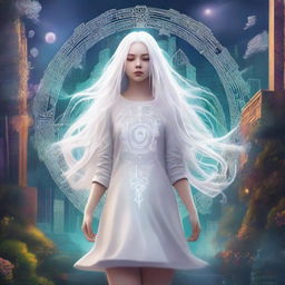 A high-quality digital art piece featuring a white, long-haired girl levitating amidst the symbol of six elements