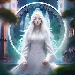 A high-quality digital art piece featuring a white, long-haired girl levitating amidst the symbol of six elements