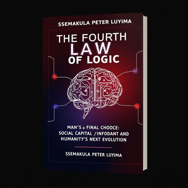 A striking book cover design for 'THE FOURTH LAW OF LOGIC: MAN’S FINAL CHOICE - SOCIAL CAPITAL AND HUMANITY’S NEXT EVOLUTION' by Ssemakula Peter Luyima