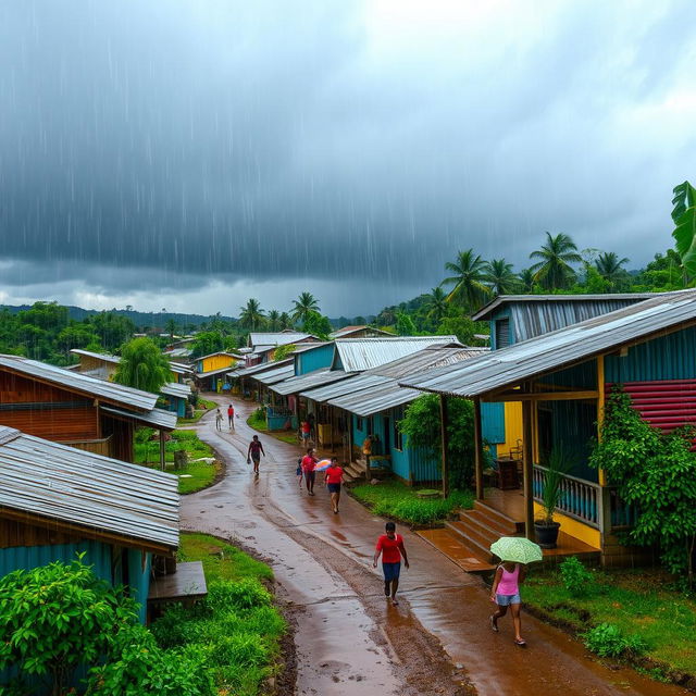 A picturesque scene of a traditional Honduran village during heavy rains, showcasing colorful wooden houses with corrugated metal roofs, surrounded by lush green vegetation