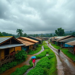 A picturesque scene of a traditional Honduran village during heavy rains, showcasing colorful wooden houses with corrugated metal roofs, surrounded by lush green vegetation