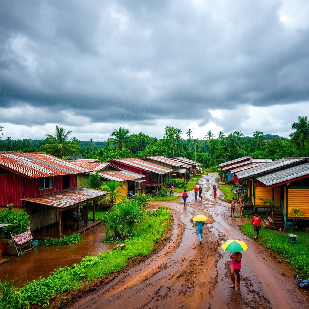 A picturesque scene of a traditional Honduran village during heavy rains, showcasing colorful wooden houses with corrugated metal roofs, surrounded by lush green vegetation