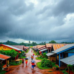 A picturesque scene of a traditional Honduran village during heavy rains, showcasing colorful wooden houses with corrugated metal roofs, surrounded by lush green vegetation