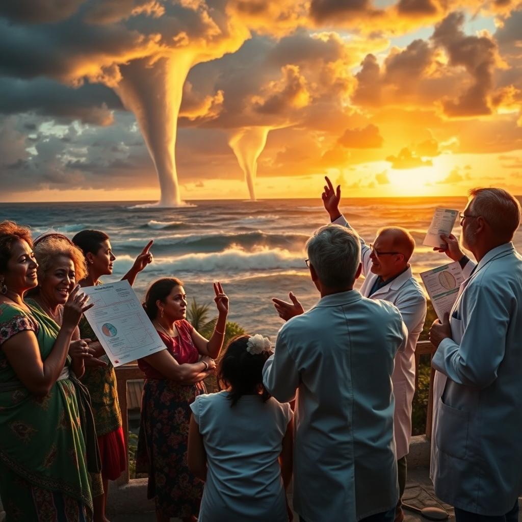 An engaging scene illustrating a spirited discussion among locals and scientists in a vibrant Honduran village