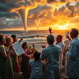 An engaging scene illustrating a spirited discussion among locals and scientists in a vibrant Honduran village