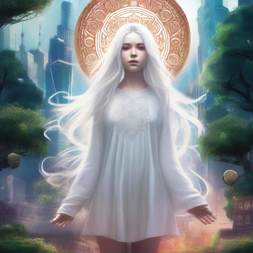 A high-quality digital art piece featuring a white, long-haired girl levitating amidst the symbol of six elements