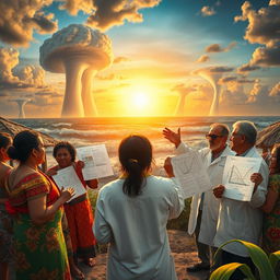 An engaging scene illustrating a spirited discussion among locals and scientists in a vibrant Honduran village