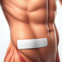 A realistic and detailed image of a stitched wound with a white adhesive bandage placed on the side abdominal muscles