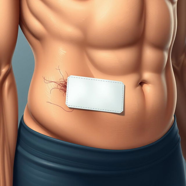 A realistic and detailed image of a stitched wound with a white adhesive bandage placed on the side abdominal muscles
