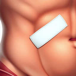 A realistic and detailed image of a stitched wound with a white adhesive bandage placed on the side abdominal muscles
