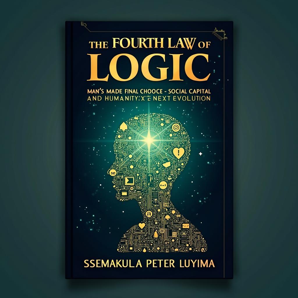 An imaginative book cover design for 'THE FOURTH LAW OF LOGIC: MAN’S FINAL CHOICE - SOCIAL CAPITAL AND HUMANITY’S NEXT EVOLUTION' by Ssemakula Peter Luyima