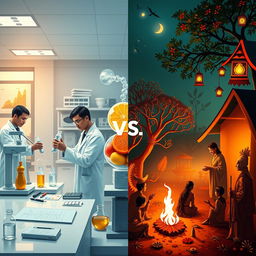 A split-screen visual comparison illustrating the themes of science versus folklore