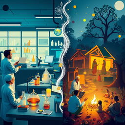 A split-screen visual comparison illustrating the themes of science versus folklore