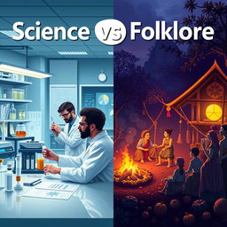 A split-screen visual comparison illustrating the themes of science versus folklore