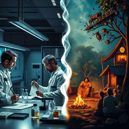 A split-screen visual comparison illustrating the themes of science versus folklore