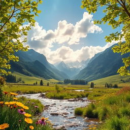 A serene landscape depicting the natural beauty of a lush green valley surrounded by majestic mountains