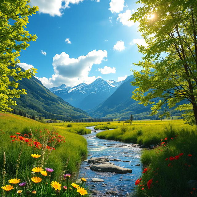 A serene landscape depicting the natural beauty of a lush green valley surrounded by majestic mountains