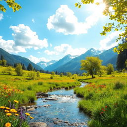 A serene landscape depicting the natural beauty of a lush green valley surrounded by majestic mountains