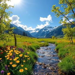 A serene landscape depicting the natural beauty of a lush green valley surrounded by majestic mountains