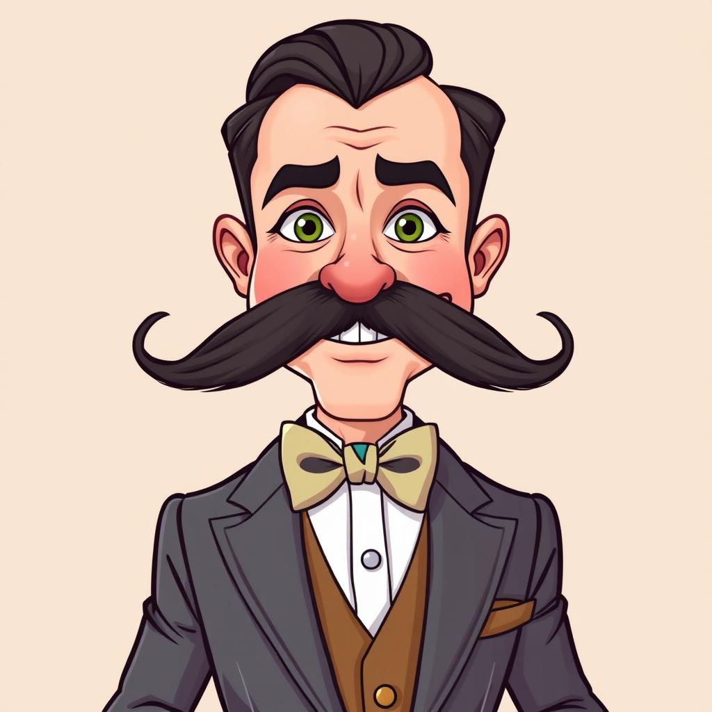 A cartoonish man characterized by a large, expressive mustache and a colorful bowtie