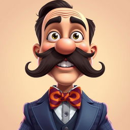 A cartoonish man characterized by a large, expressive mustache and a colorful bowtie