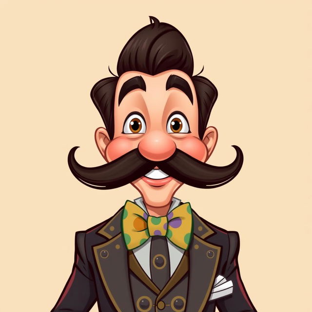 A cartoonish man characterized by a large, expressive mustache and a colorful bowtie