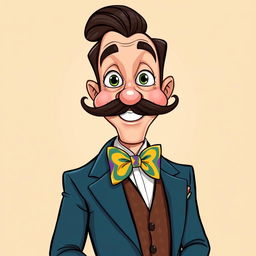 A cartoonish man characterized by a large, expressive mustache and a colorful bowtie