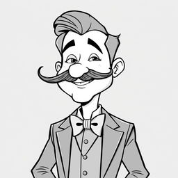 A cartoonish man in black and white, characterized by a large, expressive mustache and a stylish bowtie