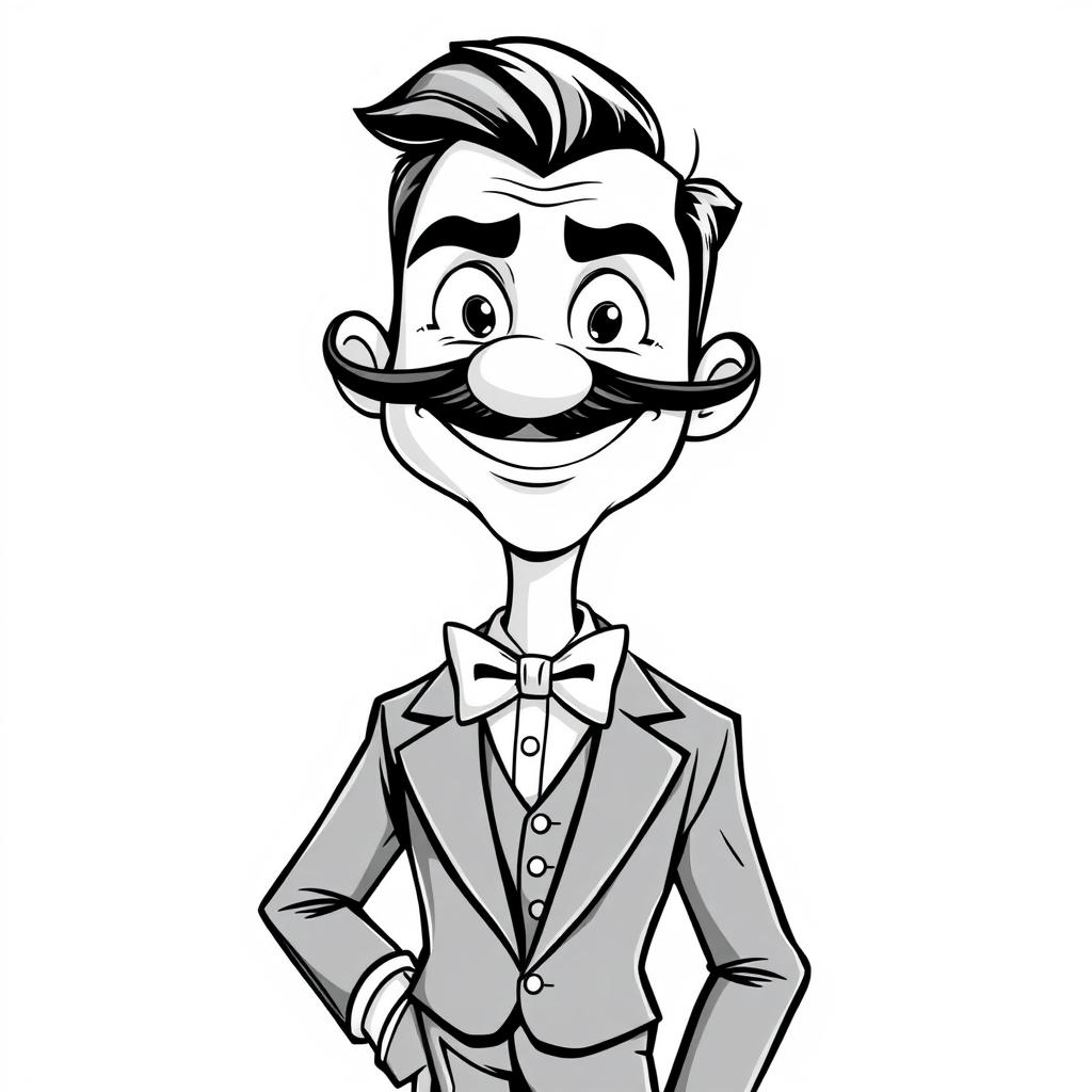 A cartoonish man in black and white, characterized by a large, expressive mustache and a stylish bowtie