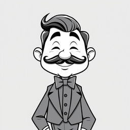 A cartoonish man in black and white, characterized by a large, expressive mustache and a stylish bowtie