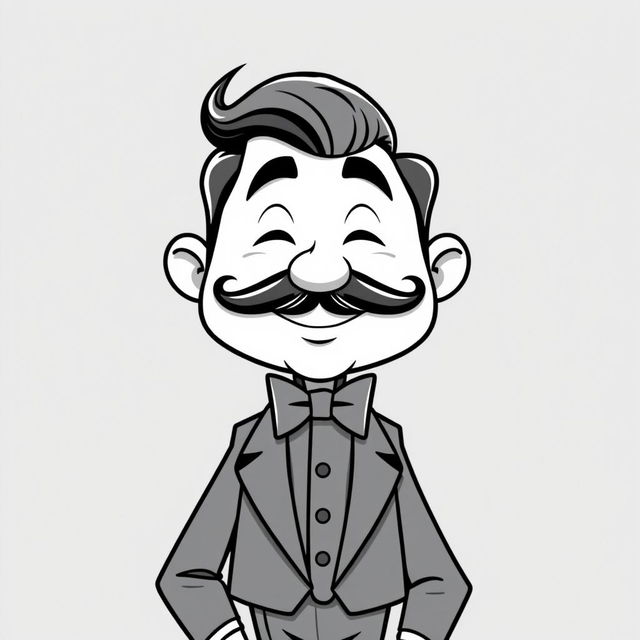 A cartoonish man in black and white, characterized by a large, expressive mustache and a stylish bowtie