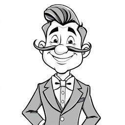 A cartoonish man in black and white, characterized by a large, expressive mustache and a stylish bowtie