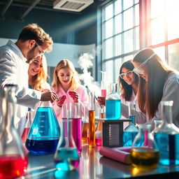 A beautiful and inspiring chemistry laboratory scene featuring high school students engaged in experiments