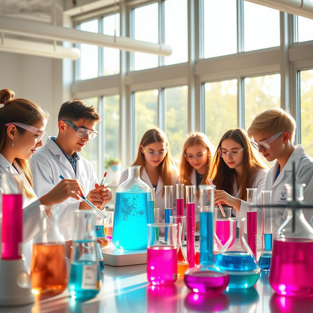 A beautiful and inspiring chemistry laboratory scene featuring high school students engaged in experiments