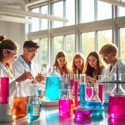 A beautiful and inspiring chemistry laboratory scene featuring high school students engaged in experiments