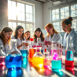 A beautiful and inspiring chemistry laboratory scene featuring high school students engaged in experiments
